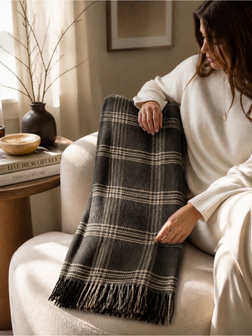 Creative -co op Blanket Black w/Cream Vertical Stripe elegant sku20